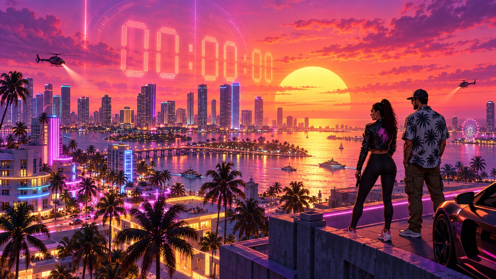 Vice City skyline at sunset with a glowing countdown over the bay