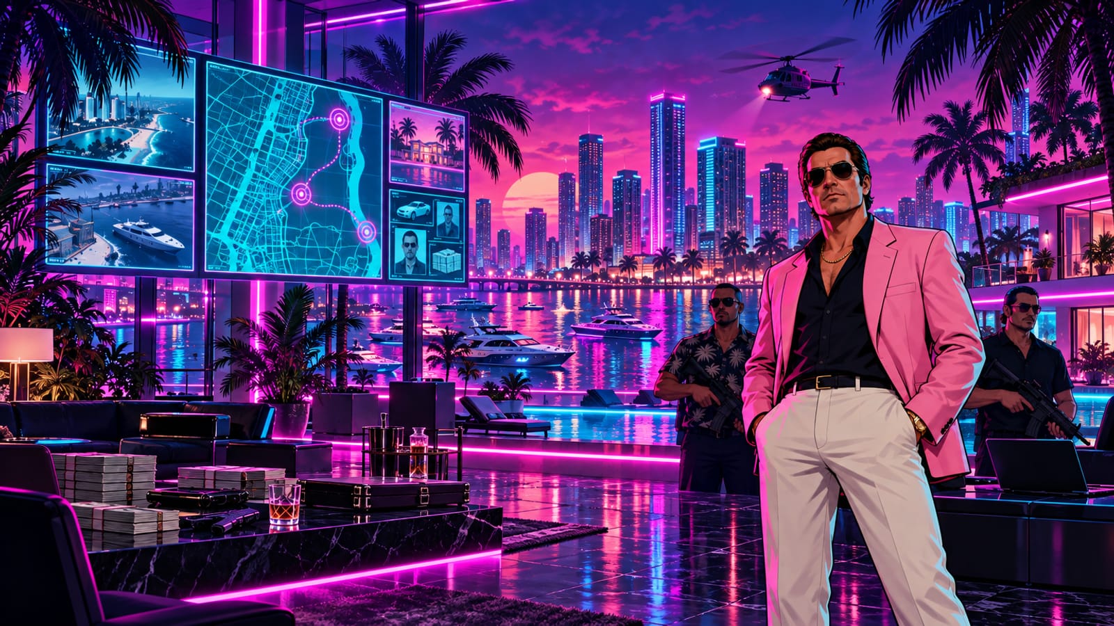 Mission control loft overlooking a neon Miami skyline