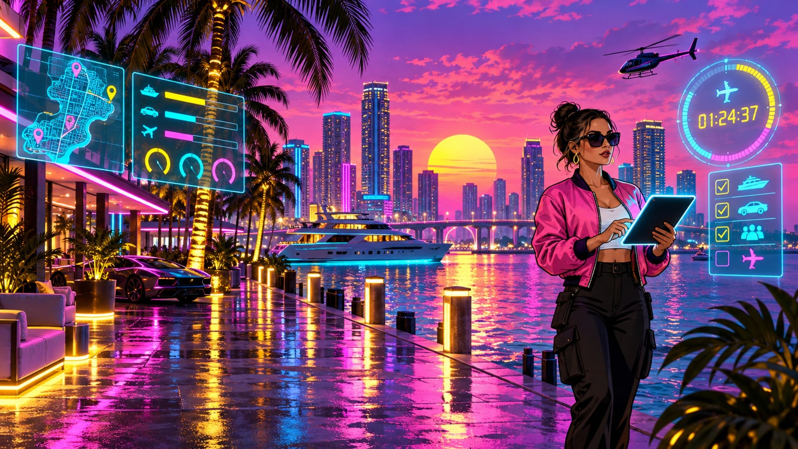 Neon Miami promenade with a crew planner beside holographic timers and checklists