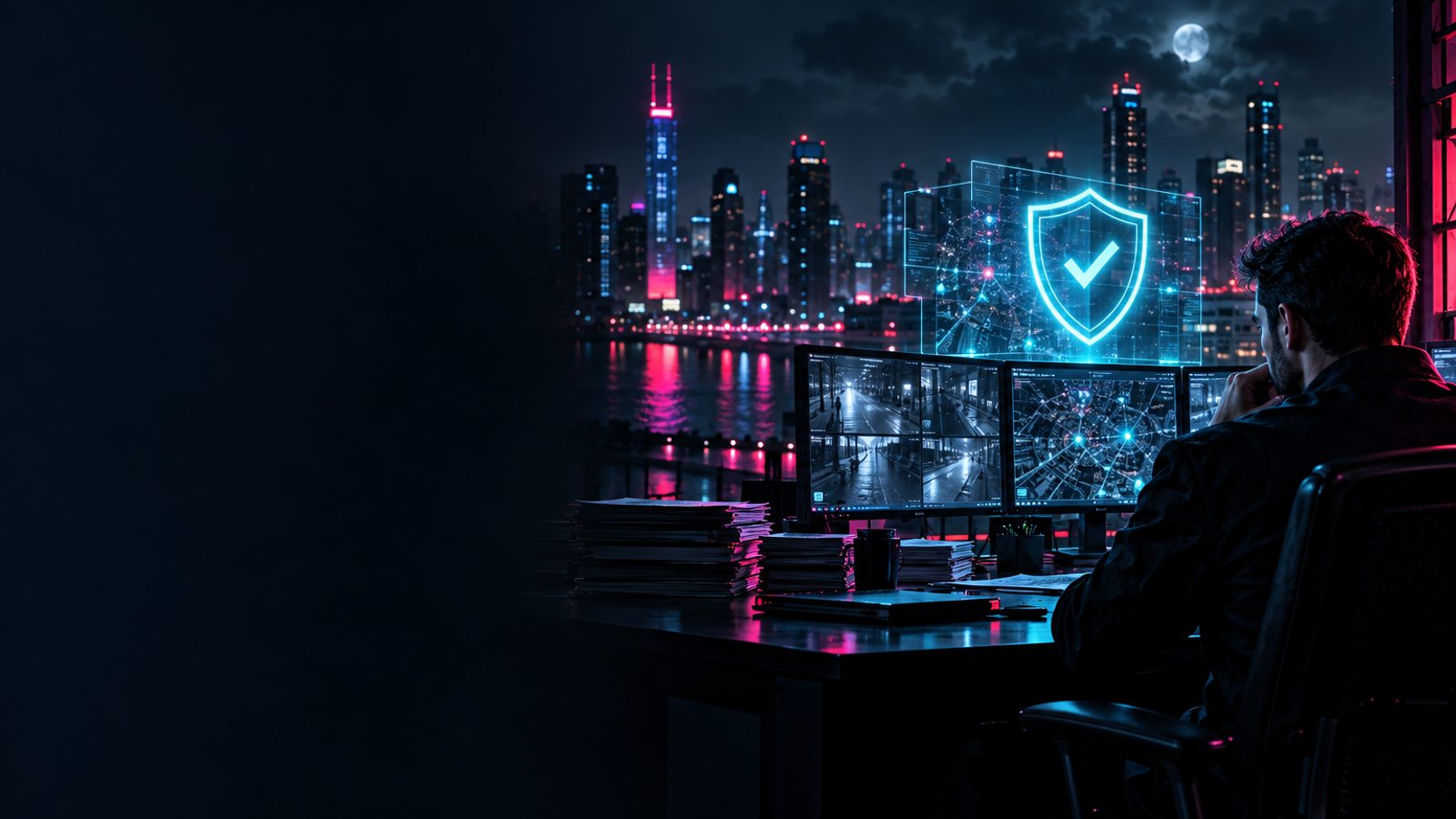 Neon holographic shield with a checkmark above a night-time city surveillance desk