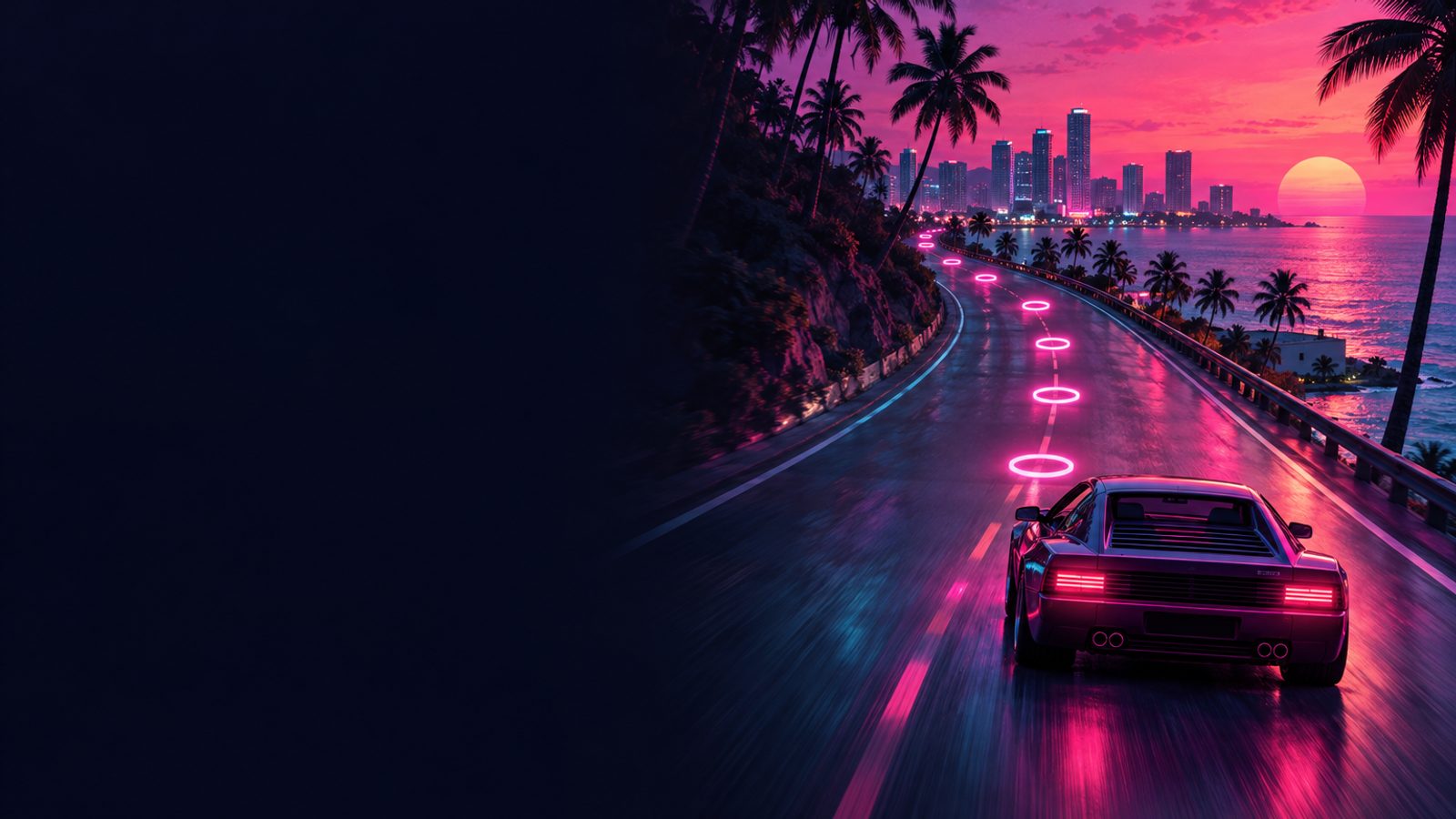 Neon coastal highway at sunset with glowing route markers ahead of a sports car