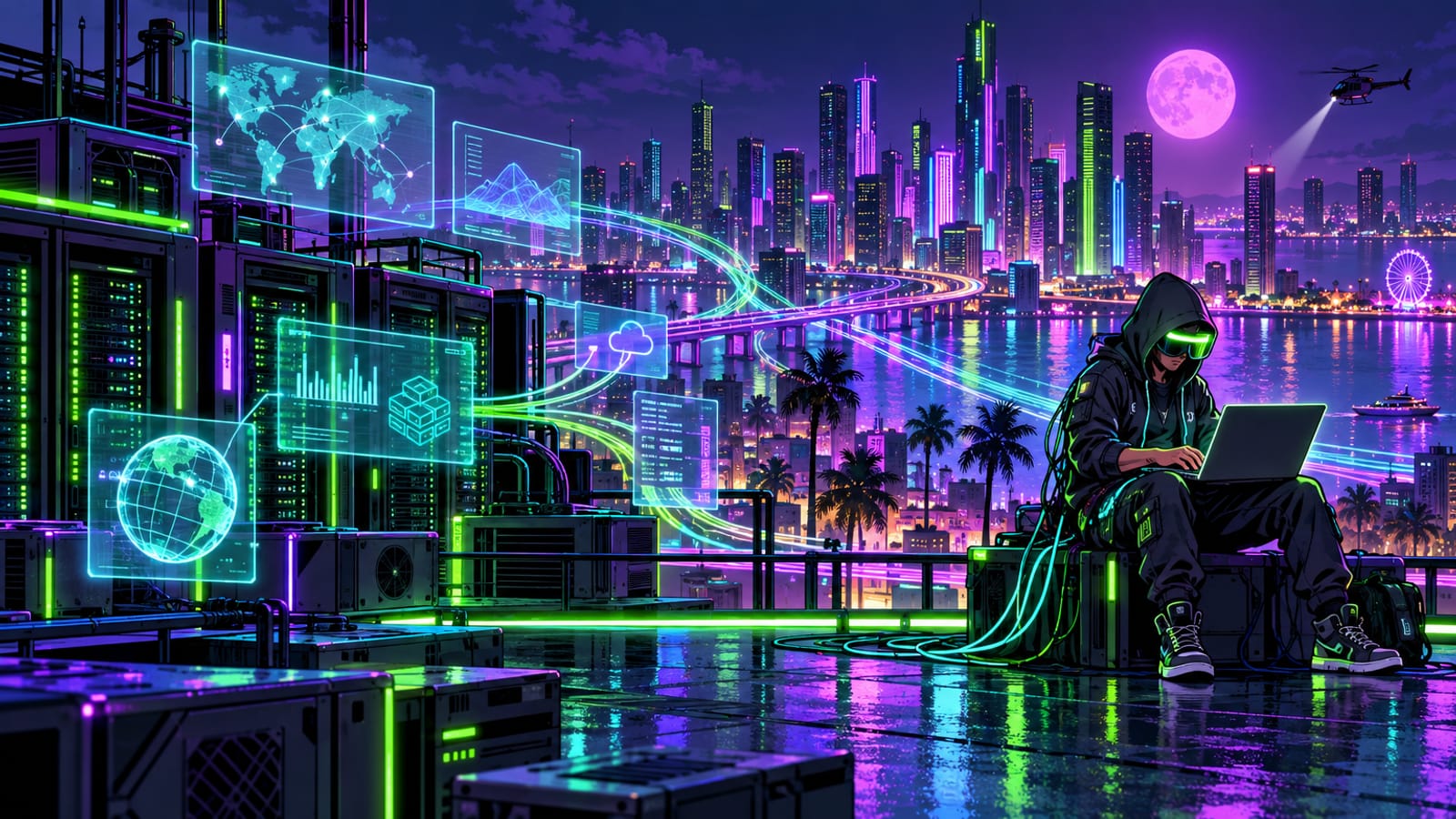 Neon rooftop with floating widget cards and data streams