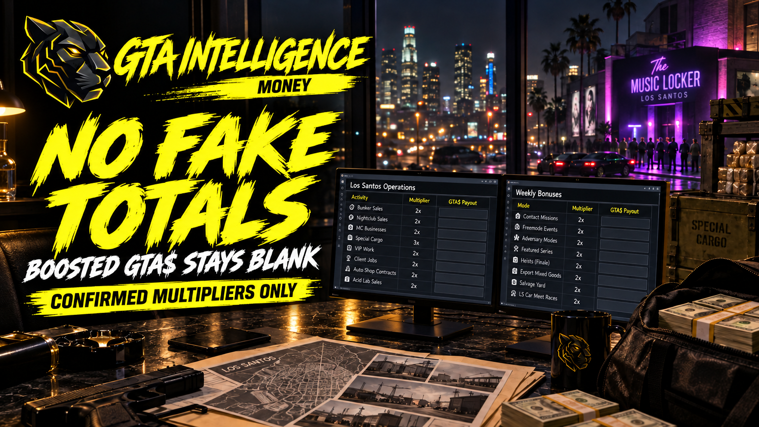 GTA Intelligence editorial poster of a briefing desk with empty payout cells, titled No Fake Totals. Not official Rockstar Games art.
