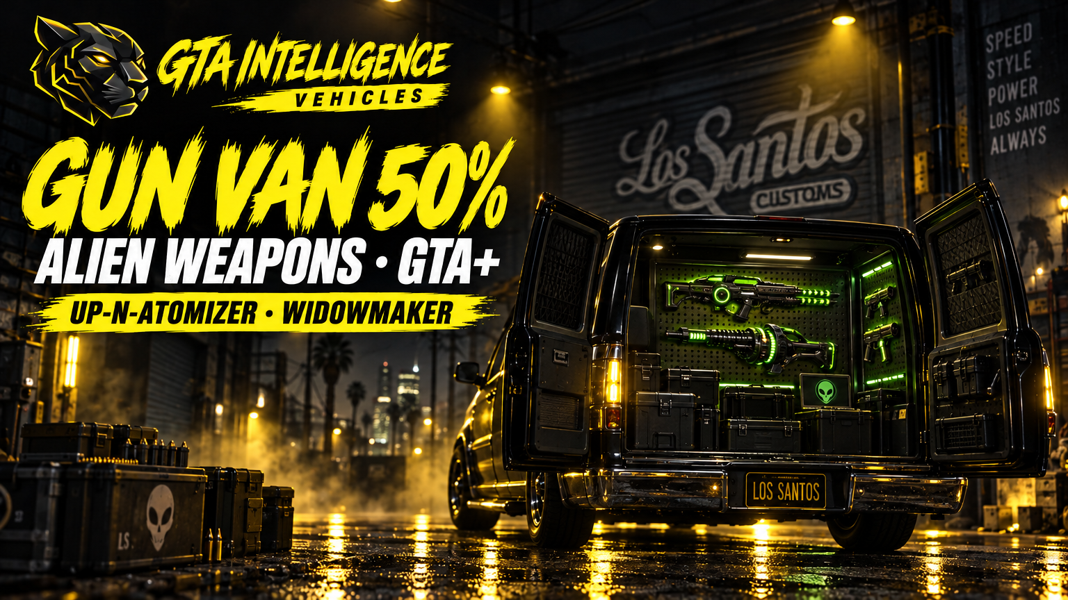 GTA Intelligence editorial poster for GTA+ Gun Van alien weapons 50% off. Not official Rockstar Games art.